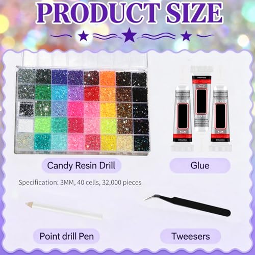 Detalle de Hwsyin 32000 Stück Bedazzler Kit mit Glue – 40 Farben, 3 mm Strass, DIY Glitzer für Nageldesign, Textilien und Körperkunst