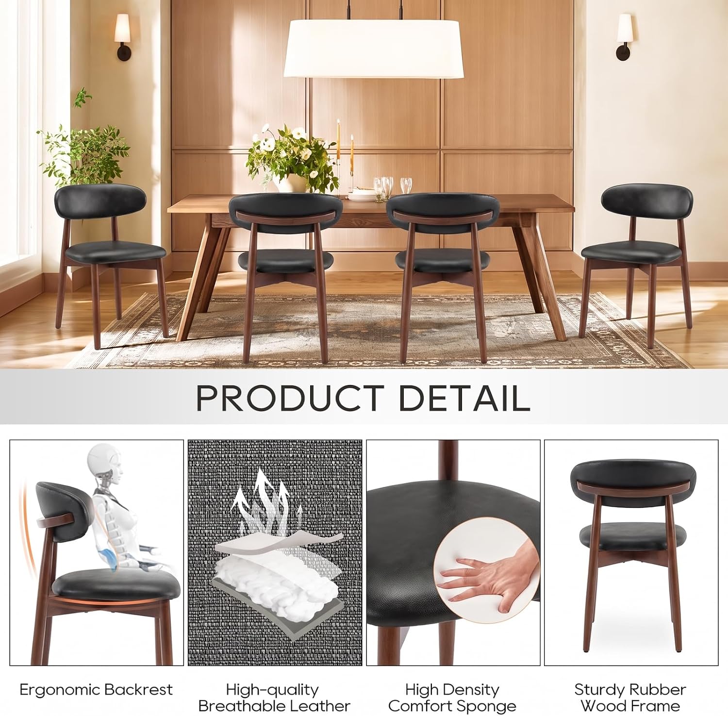 Detalle 1 de COLAMY D6270US Wooden Dining Chairs, Set of 6, Black Leather Upholstery