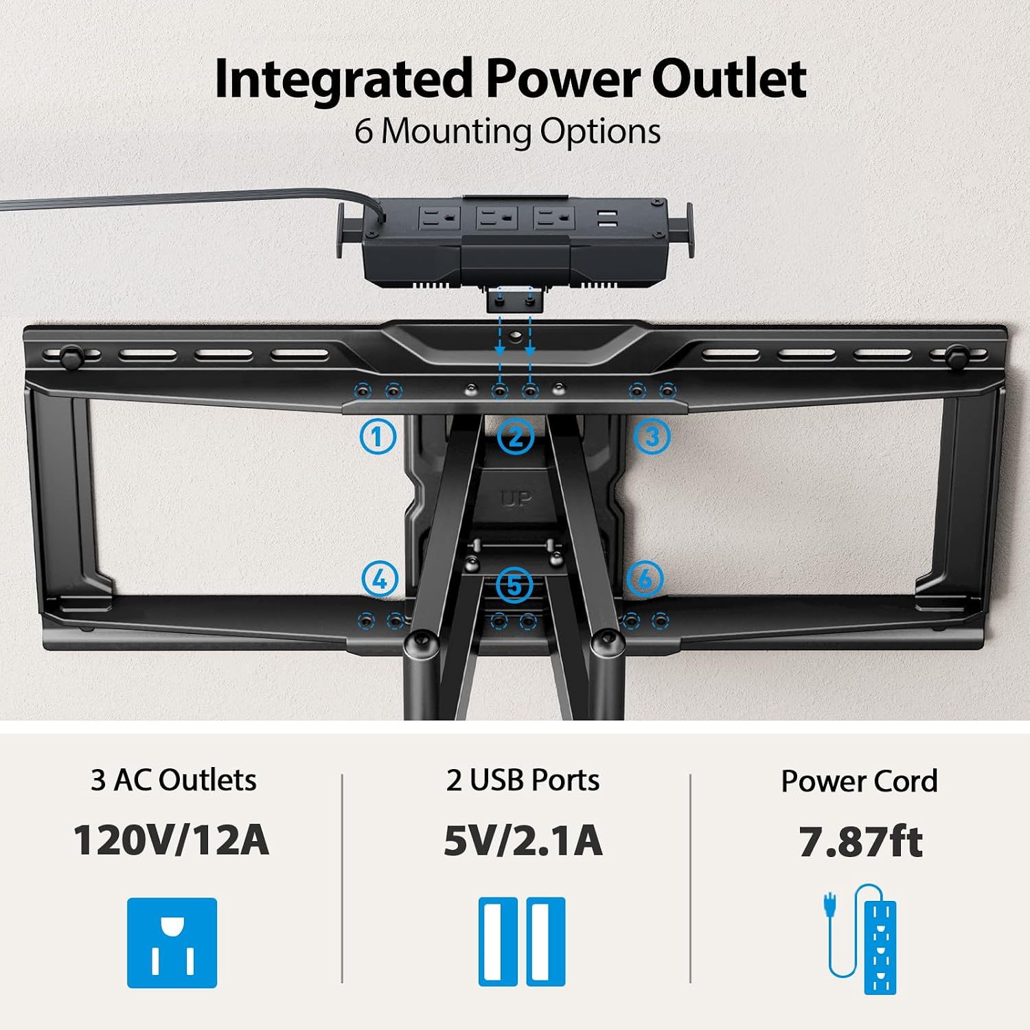 Detalle 2 de Pipishell PILF19 Full Motion TV Wall Mount with Power Strip, 42–90-Inch TVs