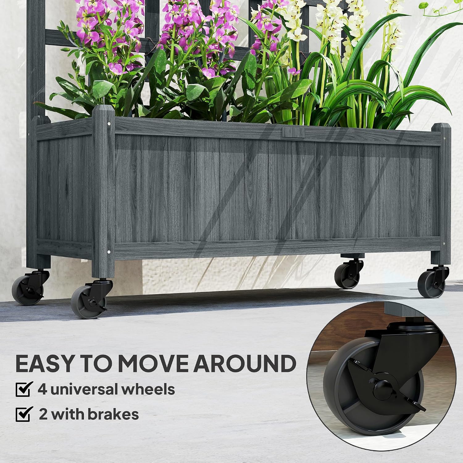 Detalle 1 de Outsunny 84H-001V00GY Wooden Trellis Planter, Grey, 54L, with Wheels