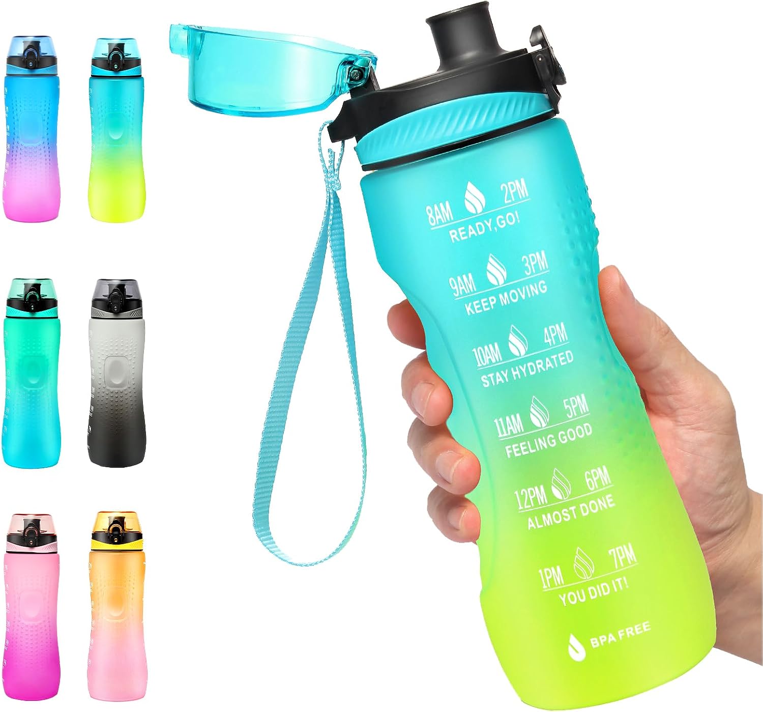 Detalle de Binudum Motivations-Trinkflasche mit Zeitmarkierung (Tritan, BPA-frei) Blau Gold, 750 ml