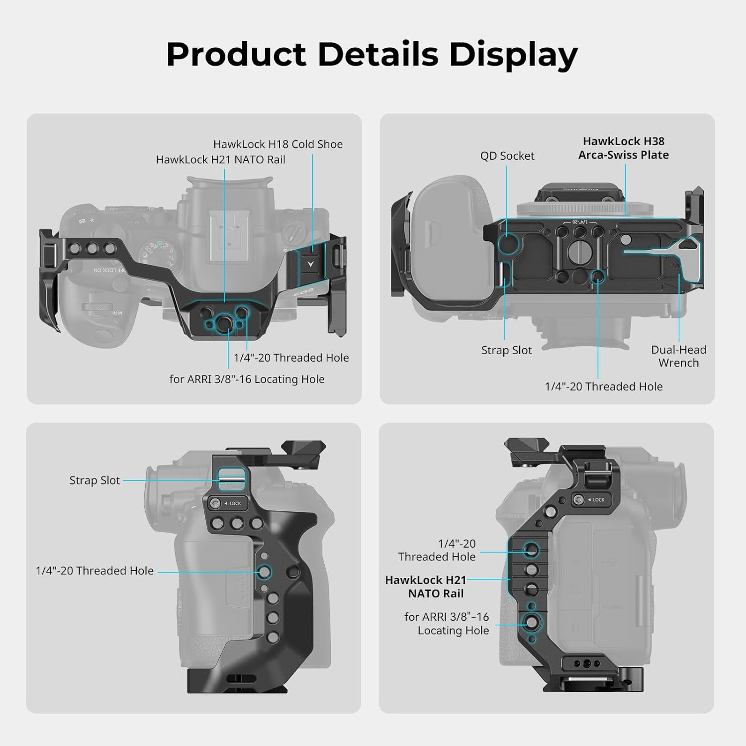 Detalle de SMALLRIG R6 Mark II Käfig mit Dualen NATO-Schienen und Arca-Schnellwechselplatte (4159B) für Canon R6 Mark II