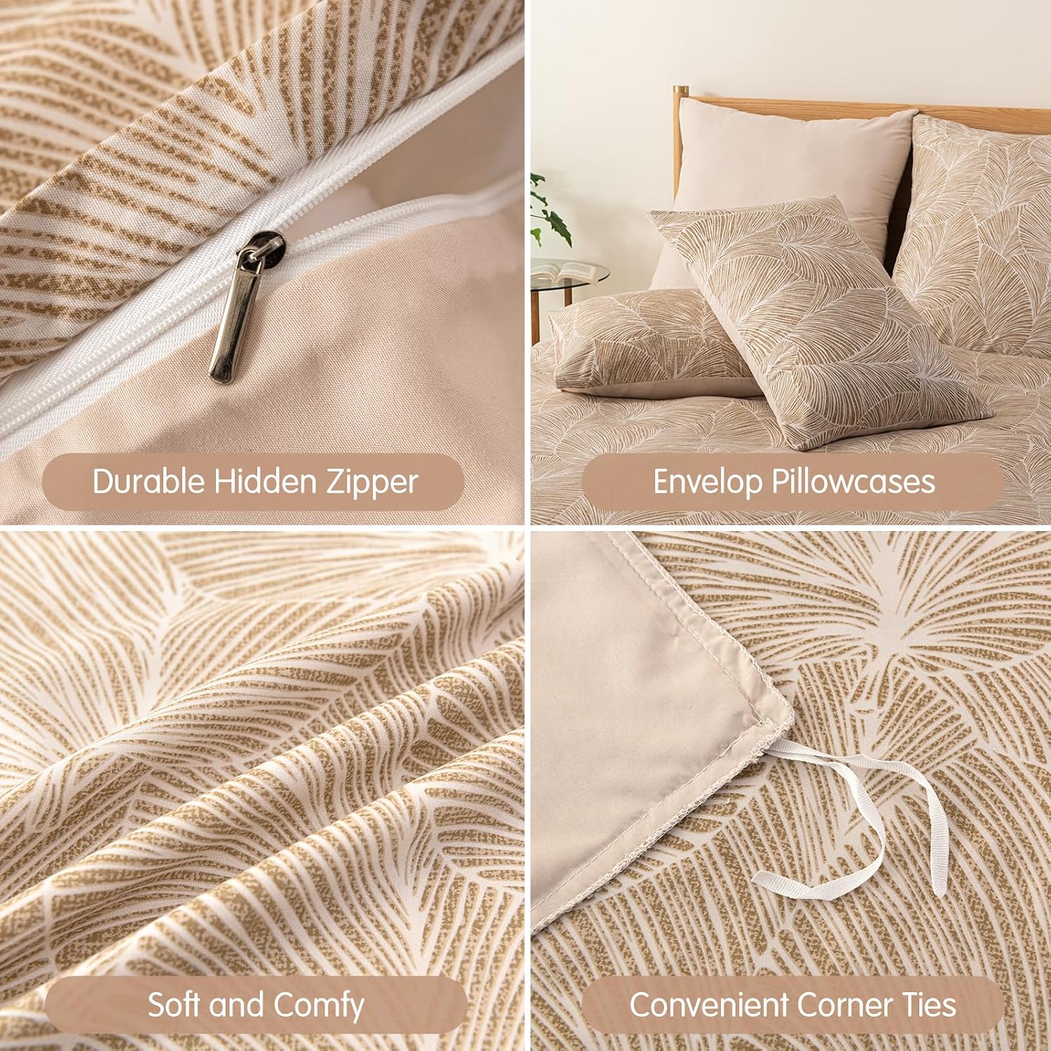 Thumbnail 4 de Tokokimo Beige Double Duvet Cover Set (Tropical Leaves) with 2 Pillowcases, Soft Microfibre, 200x200 cm