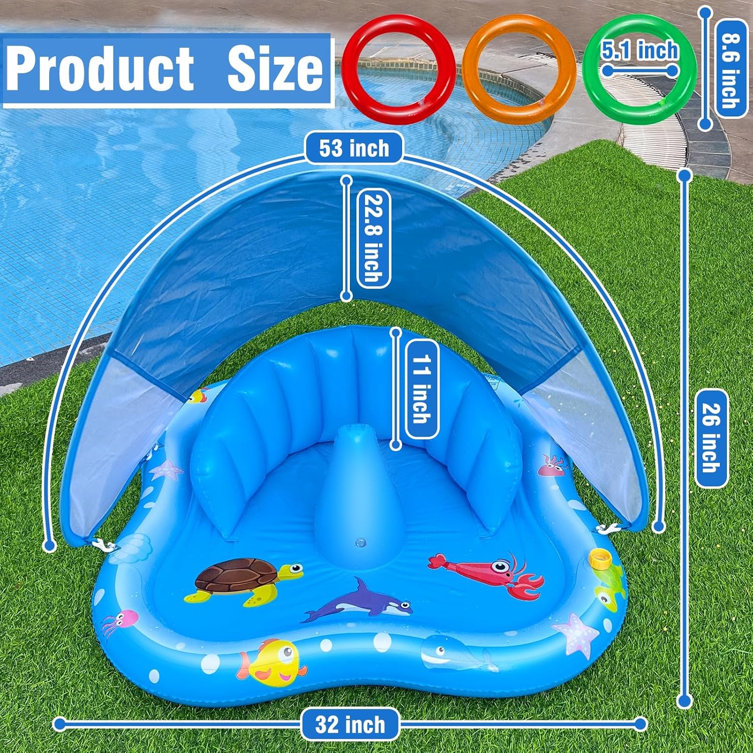 Thumbnail 2 de iGeeKid Baby Play Mat with Sprinkler (Inflatable Pool Float with Canopy & Stackable Rings)
