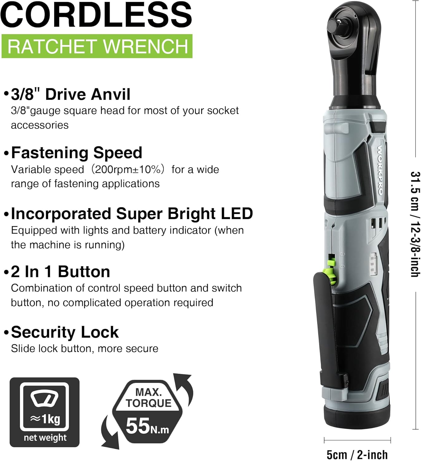 Detalle 2 de WORKPRO Llave de Trinquete Eléctrica 12V 55 N.m