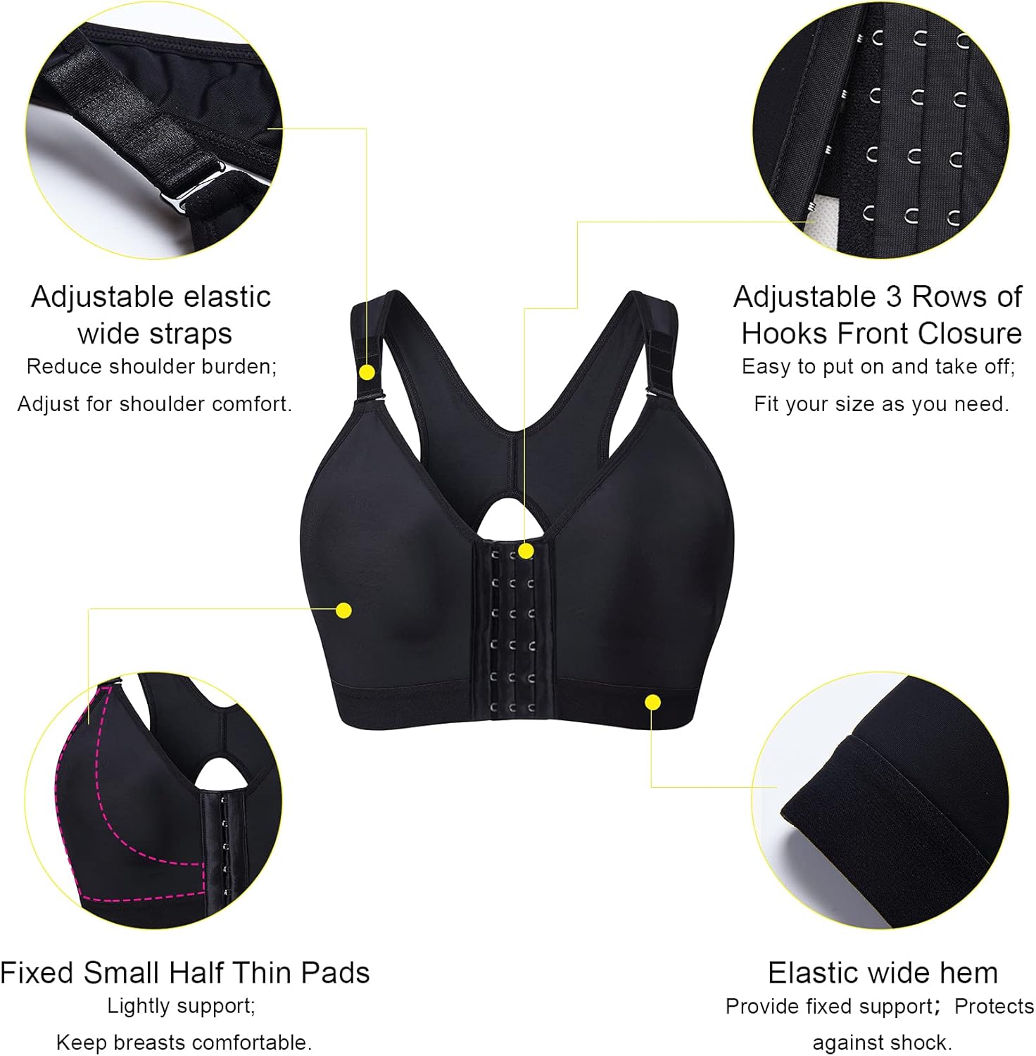 Detalle de YIANNA Women Post Surgery Front Fastening Sports Bra with Wide Back Support