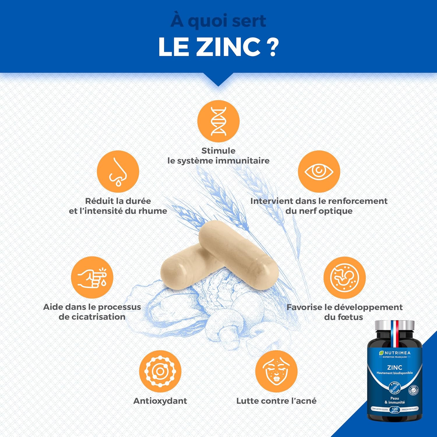 Thumbnail 1 de Nutrimea Zinc Citrate 40 mg (12,5 mg de zinc élément) – 120 gélules végétaliennes, fabriqué en France