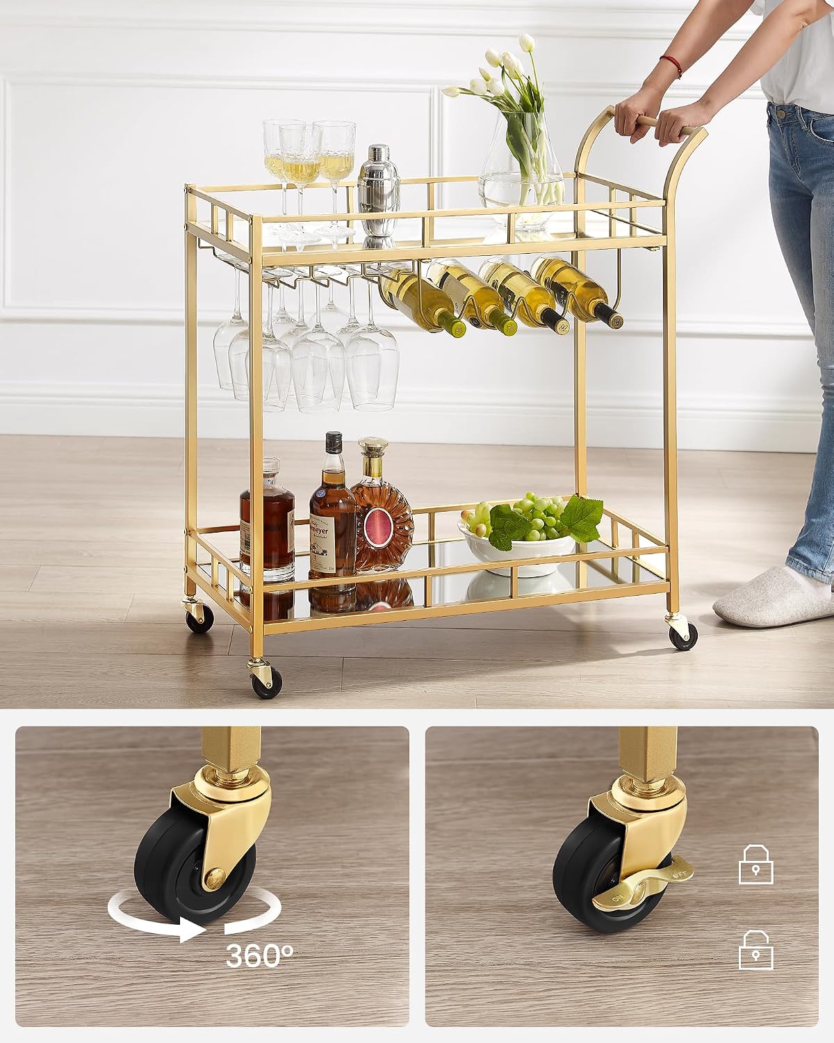 Thumbnail 6 de VASAGLE Baris LRC090A03 Drinks Trolley, 2-Tier Mirrored Glass, Antique Gold