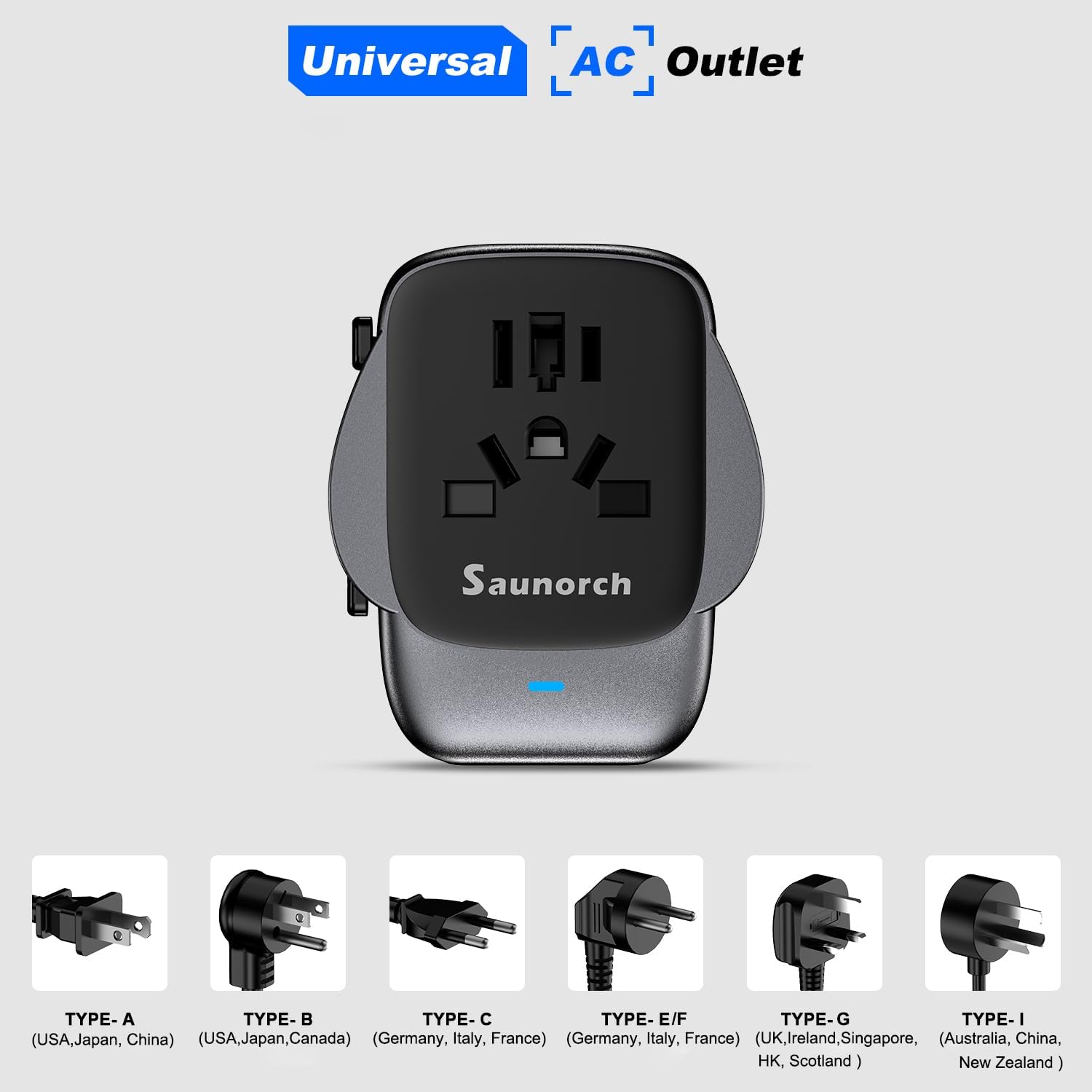 Thumbnail 5 de SAUNORCH Worldwide Travel Adapter with 2 USB-A & USB-C – universal plug for USA, UK, EU, AU (Thailand & 200+ countries)