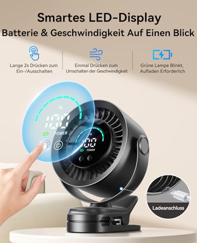 Thumbnail 6 de KIMMOO Clip-Ventilator Wiederaufladbar – 360° Clip-Ventilator mit LED-Display, bis zu 17 Std. Akku, 100 Stufen, 9.000 U/min