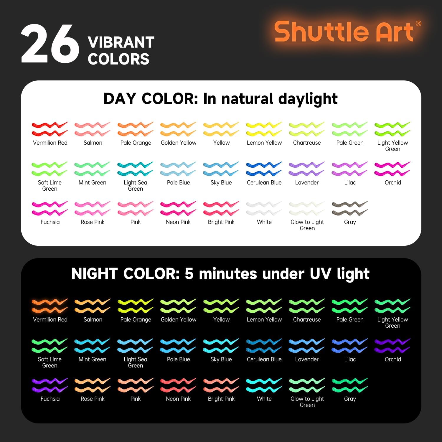 Detalle 2 de Shuttle Art 3D Textilfarbe „Glow in the Dark“ – 26 fluoreszierende Stoffmalfarben (waschmaschinenfest) für T-Shirts & Co.