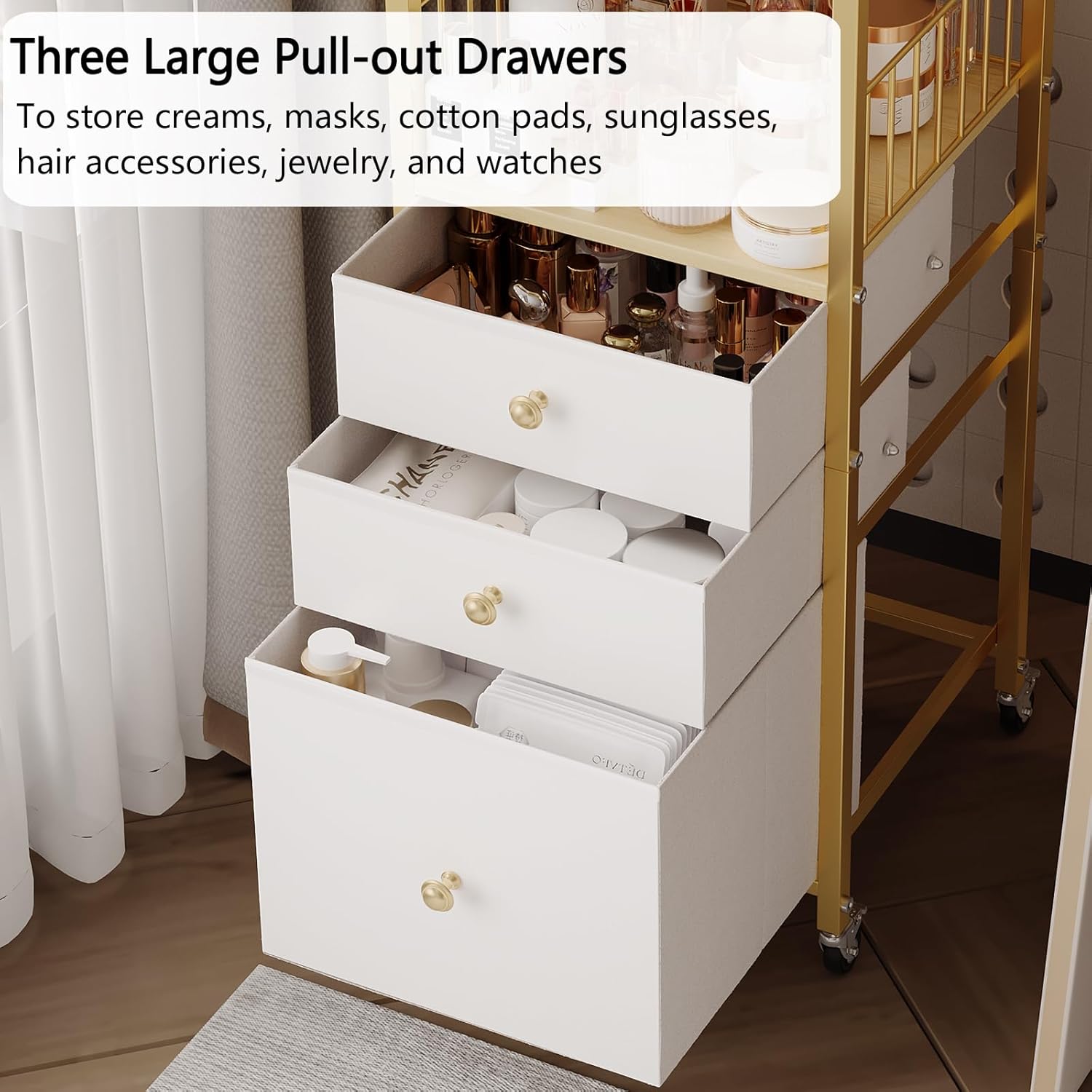 Detalle 2 de Makeup Organizer Cart with Drawers (Gold) for Floor Vanity Storage
