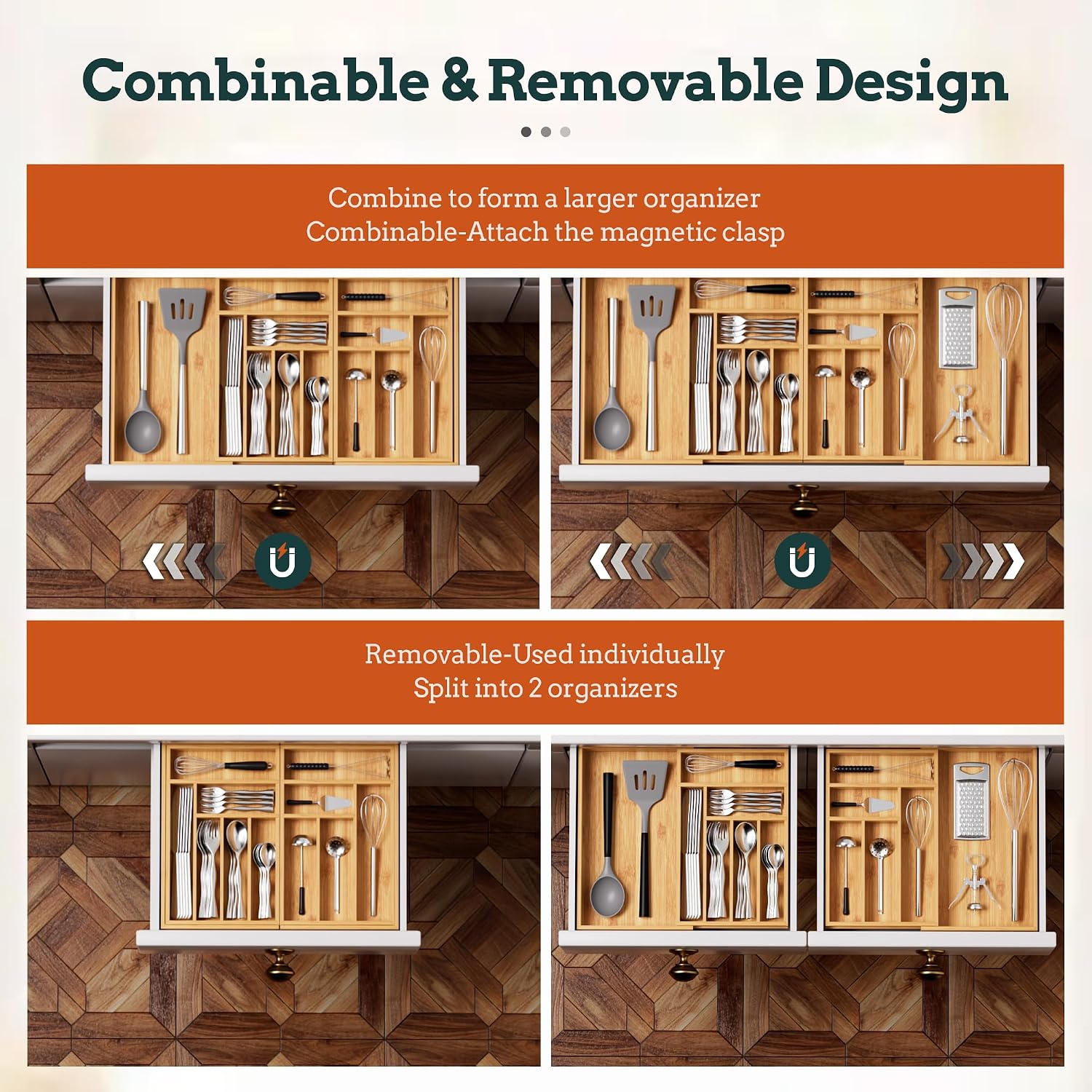Thumbnail 4 de Silverware Organizer Large: Magnetic, Expandable Bamboo Silverware Drawer Organizer (21.3"–37.5" Wide)