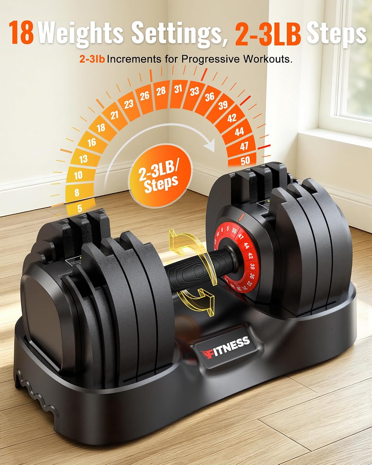 Detalle de Rendpas Adjustable Dumbbells, 5–50 lb, 18 Settings, Dual-Lock Safety