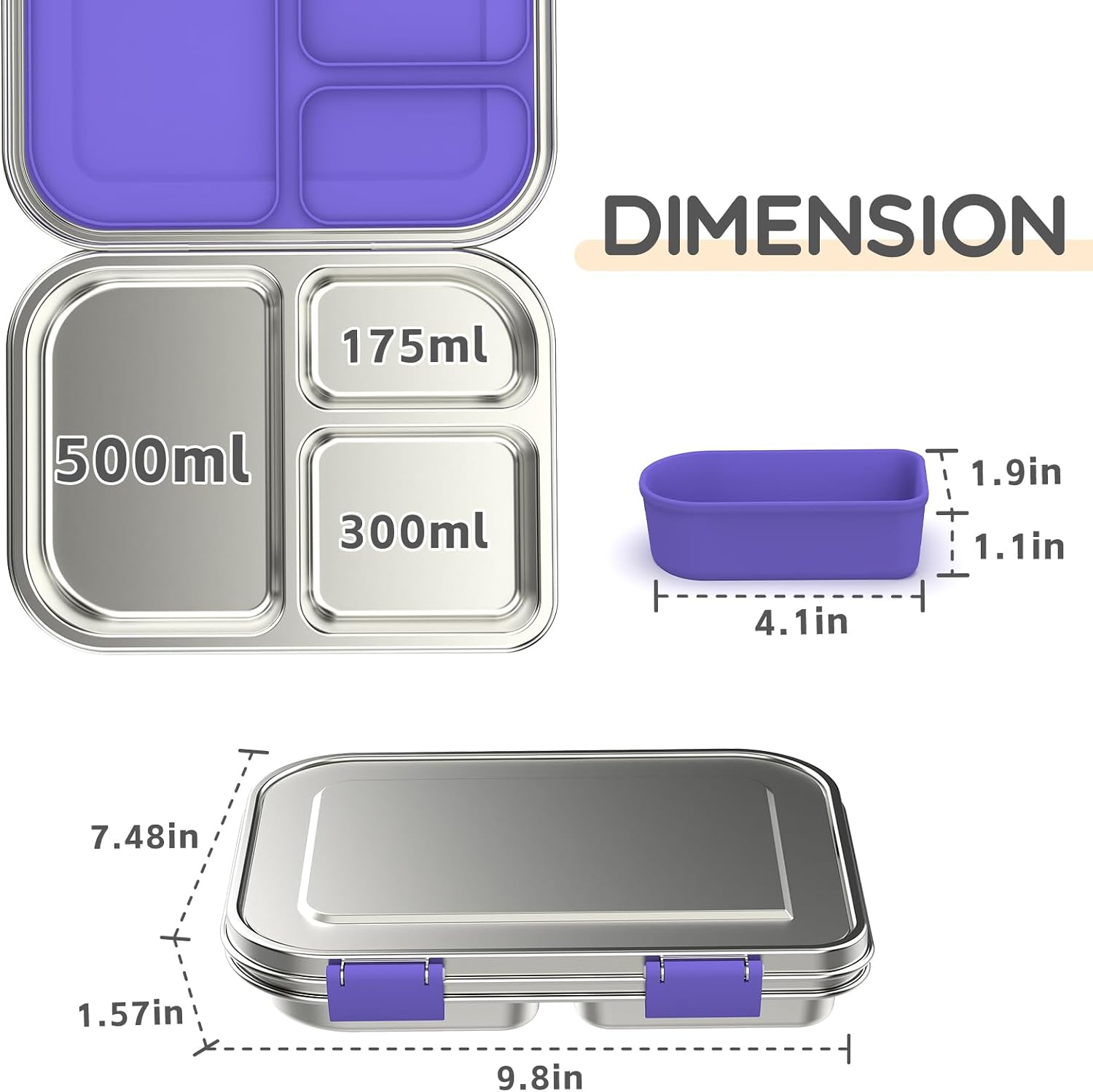 Thumbnail 5 de BOSEDSANG Stainless Steel Kids Leak-Resistant Bento Lunch Box (3 Compartments) - Purple