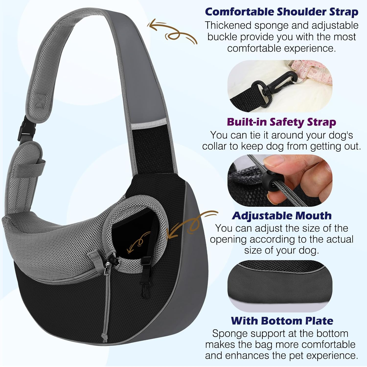 Thumbnail 4 de Pawaboo Pet Dog Sling Carrier (Dark Gray+Black) – Hand-Free Drawstring Crossbody Satchel, Small