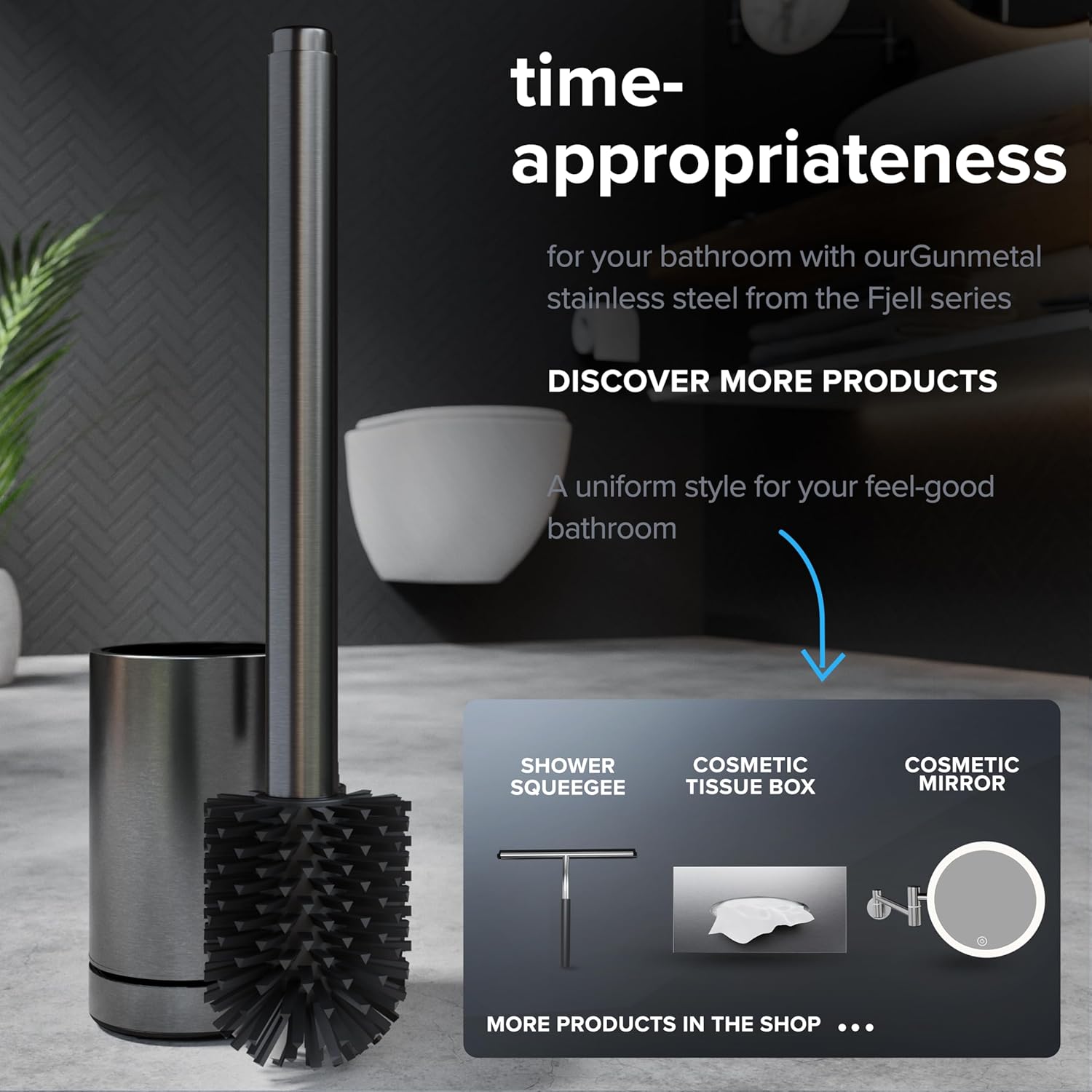 Thumbnail 5 de Ovimar Brosse de Toilettes Snohetta Gunmetal — Brosse silicone avec réservoir et porte-balai en acier inoxydable