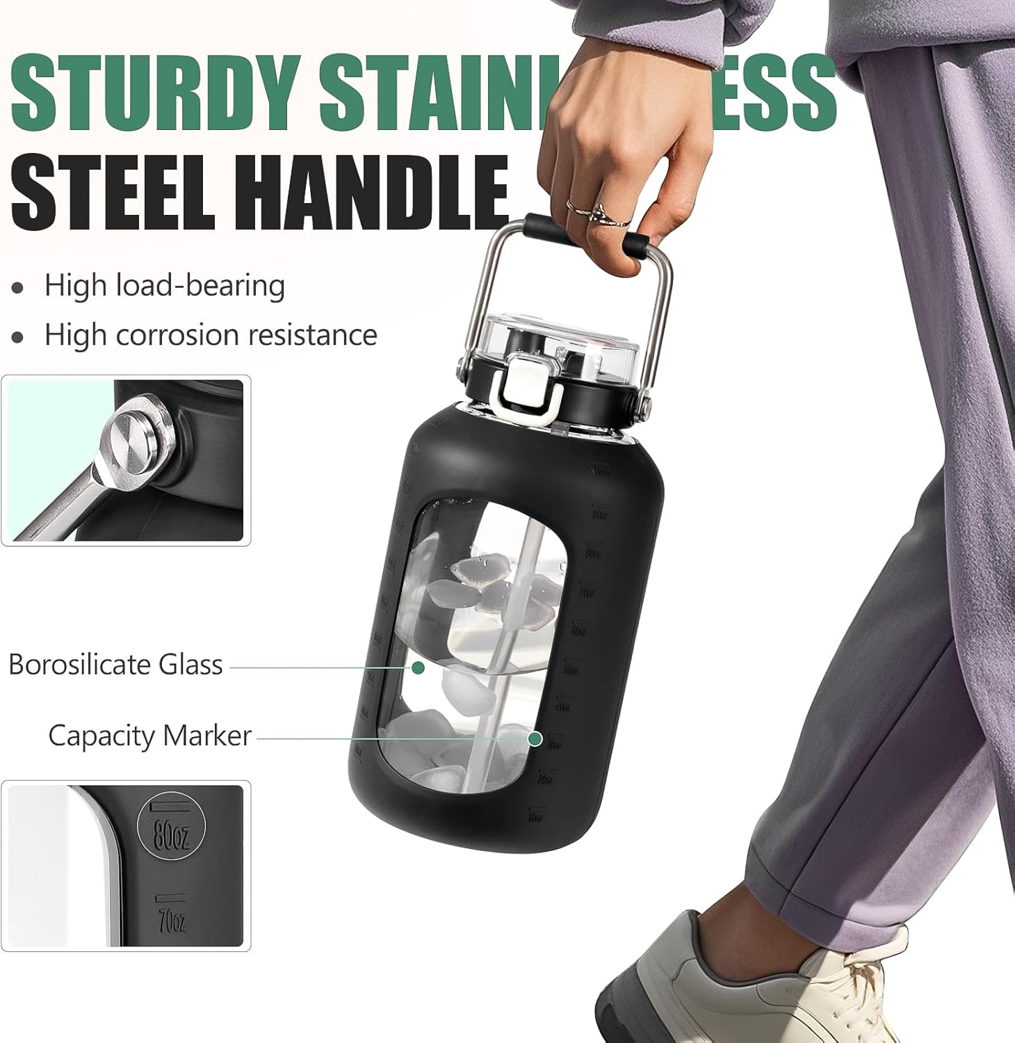 Thumbnail 4 de WINSA 100 oz Glass Water Bottle with 3 L Capacity, 2-in-1 Straw Lid & Stainless Steel Handle