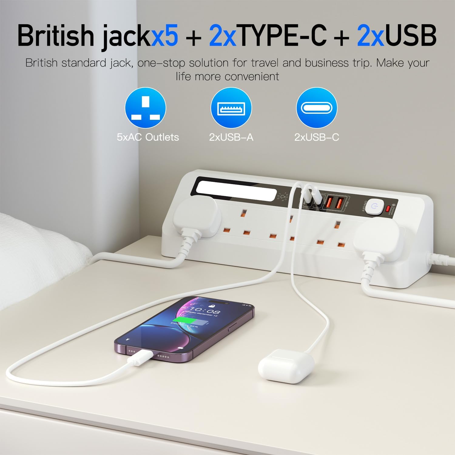 Detalle de BOCHLION 9-in-1 Desk Extension Lead with USB Slots (PD 35W + PD 20W) and Night Light, 5-Way Surge Protector, 1.8m