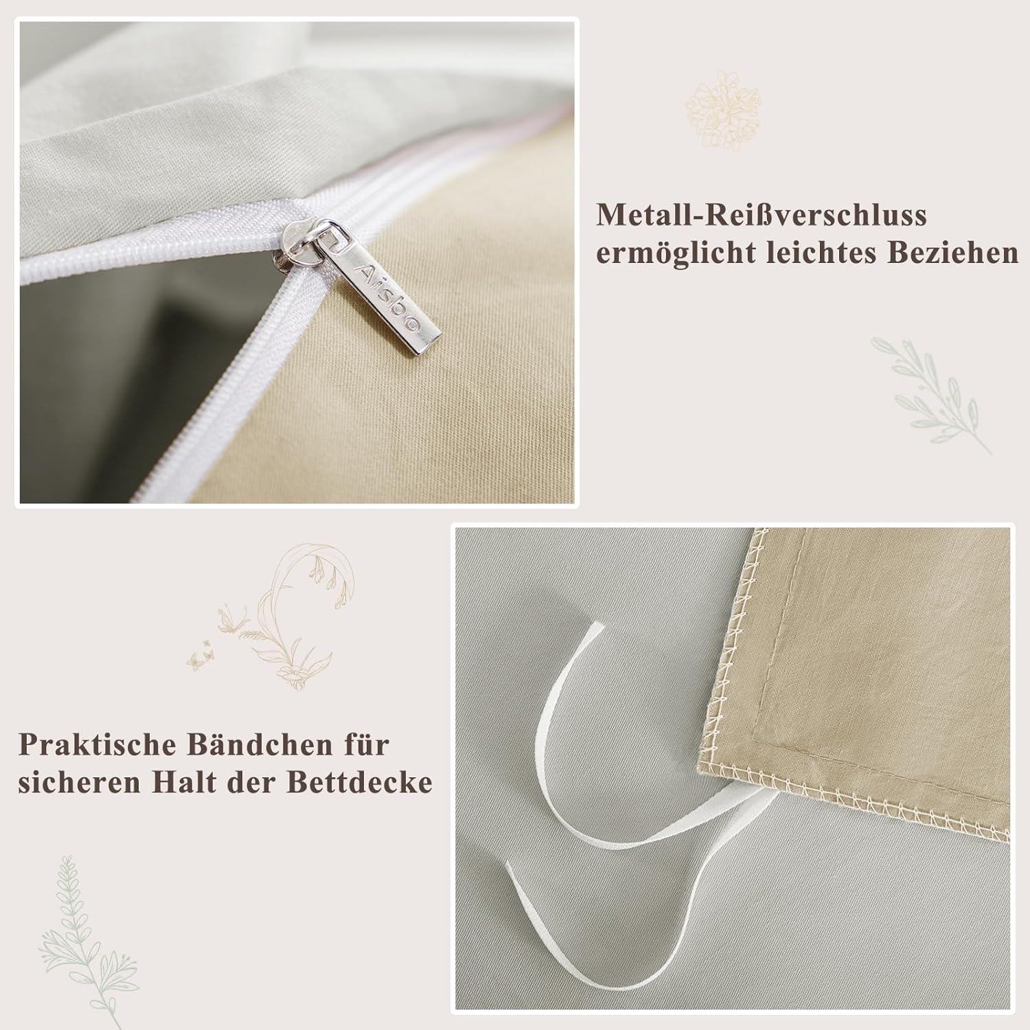 Thumbnail 5 de Aisbo Bettwäsche 140x200 Baumwolle – Khaki Beige Wendebettwäsche Set mit Reißverschluss, ÖKO-TEX, 80x80 Kissenbezug