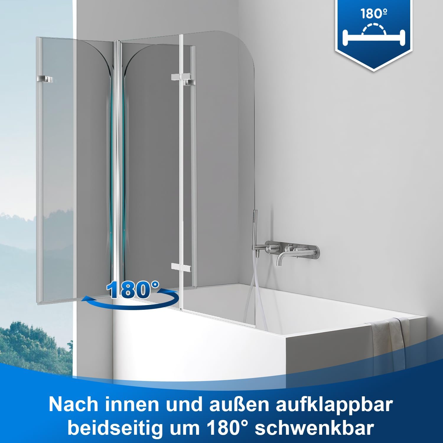 Detalle de Ansobea parete per vasca da bagno pieghevole 100x140 cm (2 pezzi) in vetro di sicurezza ESG 6 mm, argento trasparente