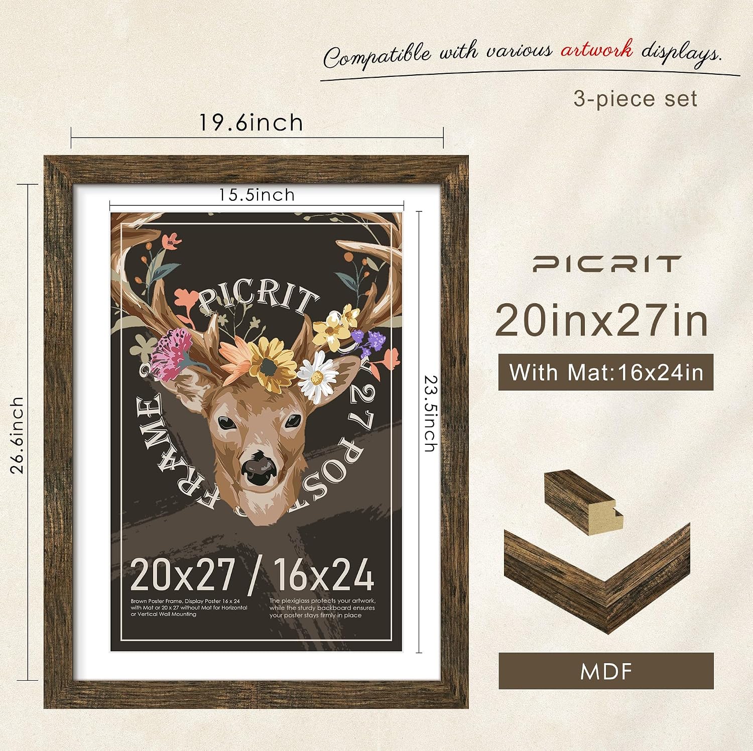 Detalle 2 de Picrit 20x27 Picture Frame 3 Pack in Brown with Mat – Flexible Wall Display