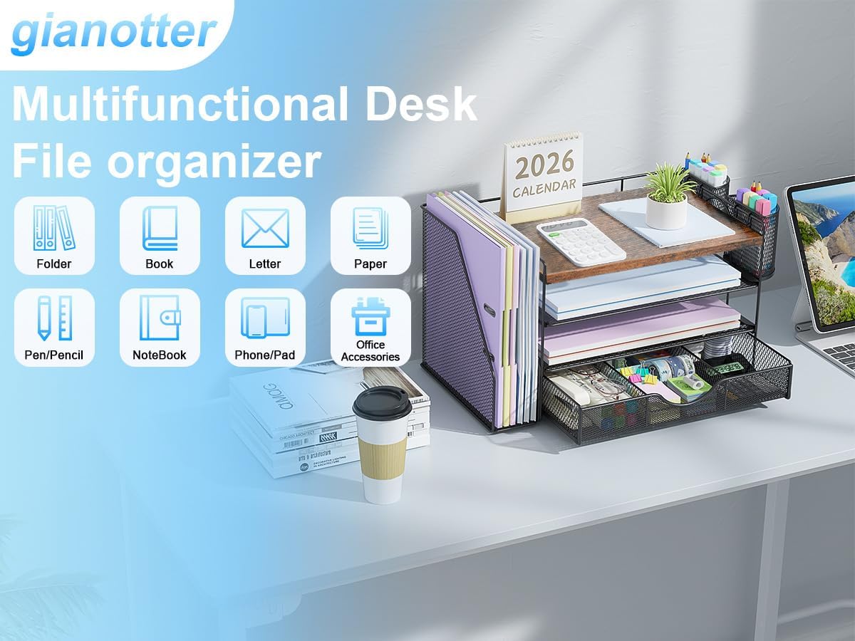 Detalle de gianotter 4-Tier Desk Organizer with File Holder, Drawer & Pen Holders