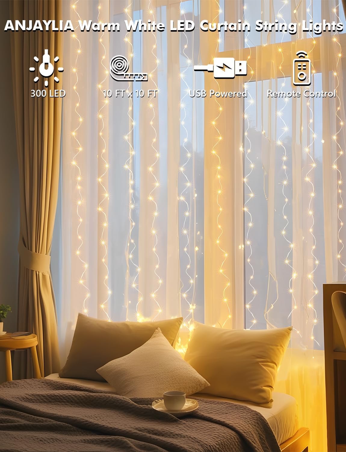 Detalle 2 de ANJAYLIA AN-WC 300-LED Warm White Curtain Lights, 8 Modes