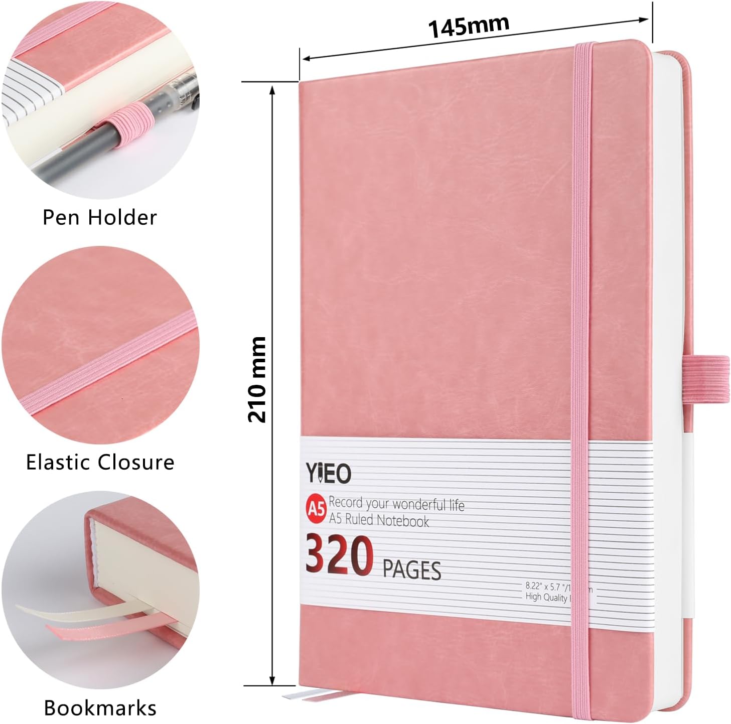 Thumbnail 1 de A5 Hardback Thick Notebook (320 Pages) with Elastic Closure, Pen Loop & Inner Pocket – Pink, 14.5 x 21cm
