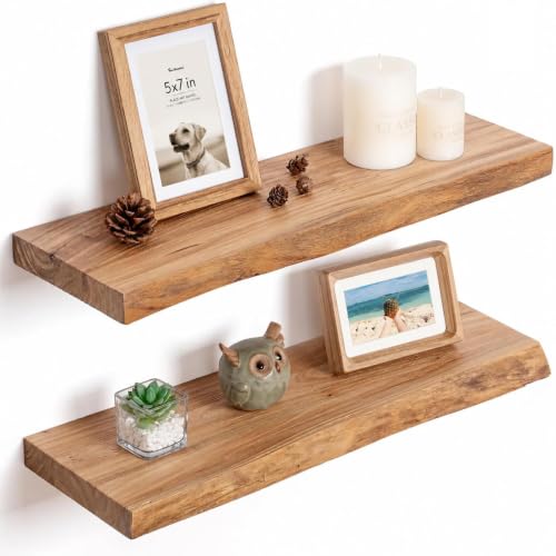 Detalle de Fun Memories Schweberegale für die Wand – 2er Set aus recyceltem Ulmenholz, 24 Zoll