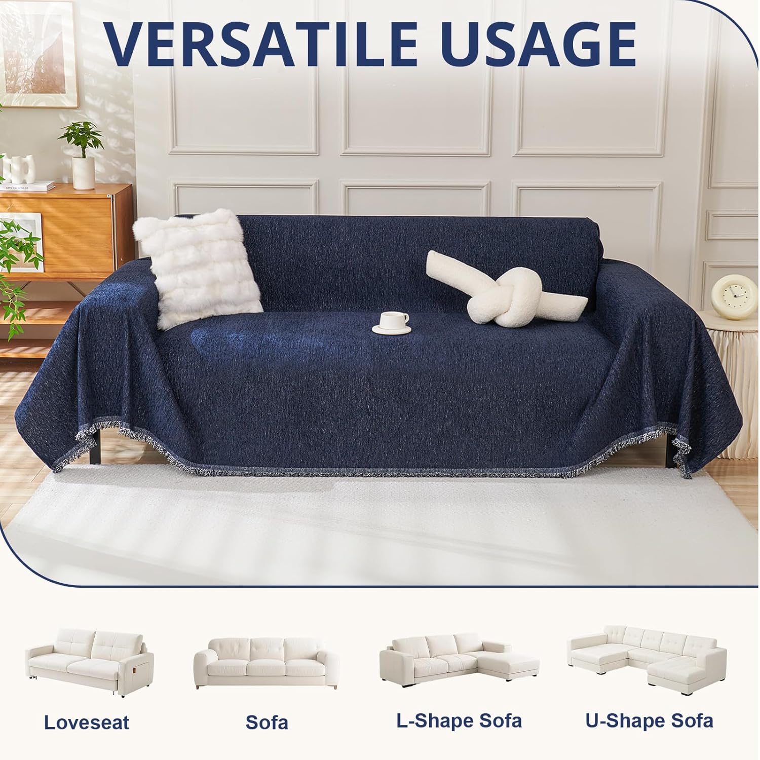 Thumbnail 1 de Royhom Telo Copridivano 2/3 Posti in ciniglia blu marina 180x300 cm – protezione elegante per ogni ambiente