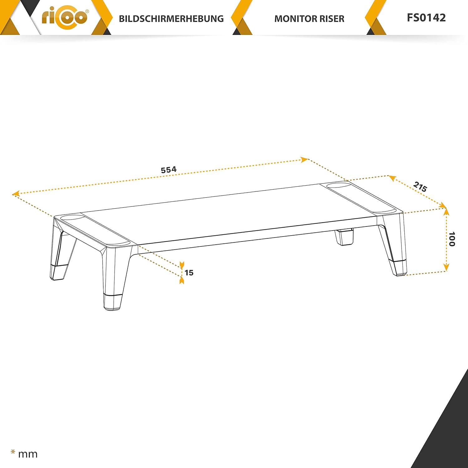 Detalle de RICOO Supporto monitor scrivania FS0142 554x215x100mm Bianco & Legno – Rialzo ergonomico per PC