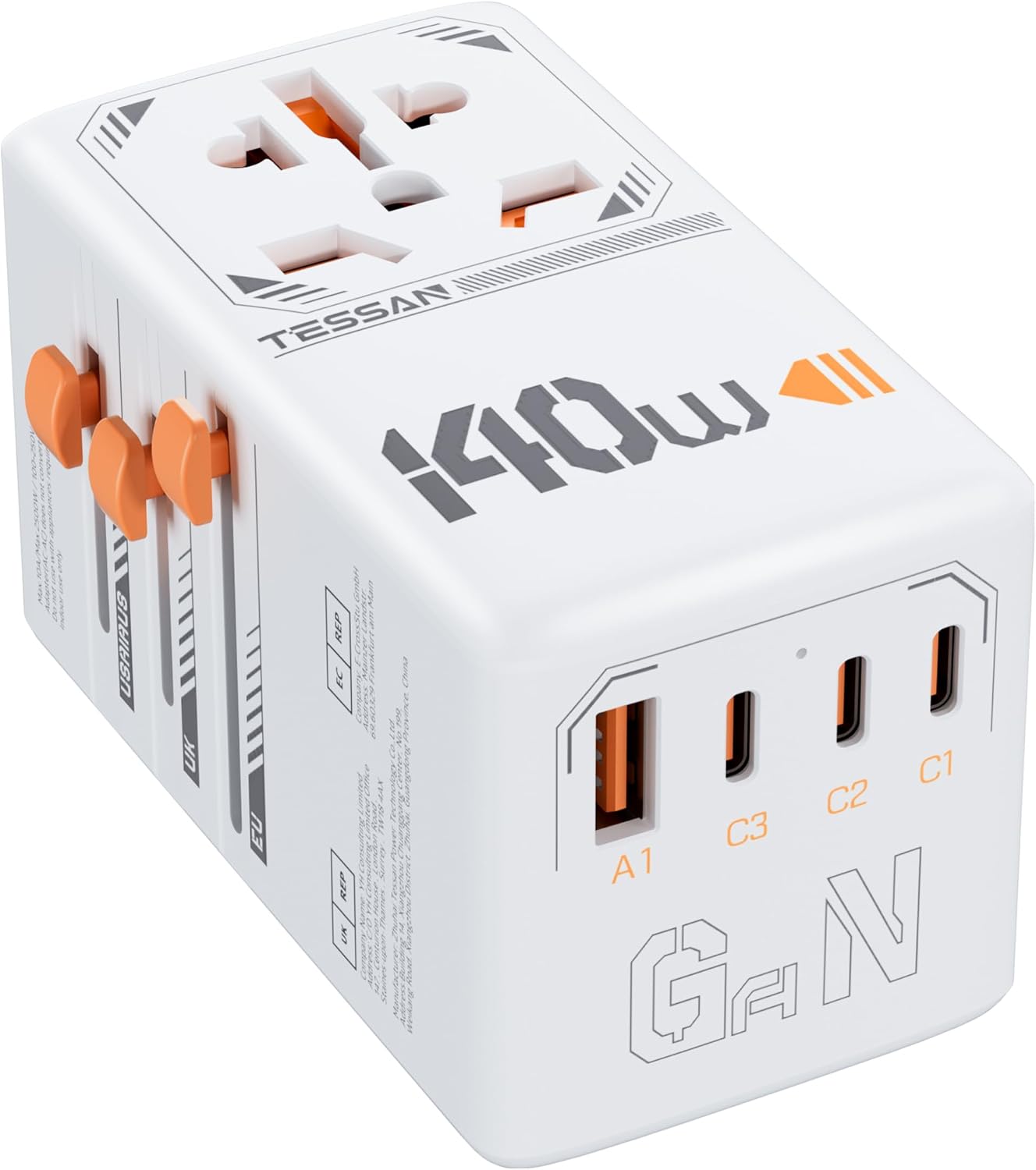 Detalle de TESSAN 140W GaN Reiseadapter weltweit – 3× USB‑C (140W) + 1× USB‑A (18W) und Universalsteckdose