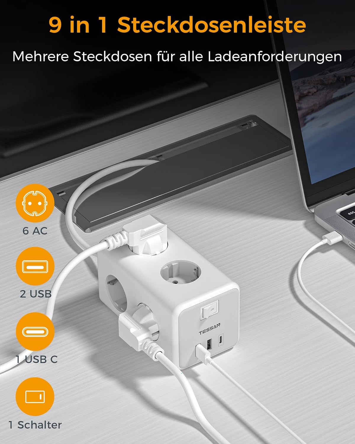 Thumbnail 1 de TESSAN 9-in-1 Mehrfachsteckdose mit USB-C und USB-A, 5 m Verlängerungskabel, Wandmontage – 3600 W
