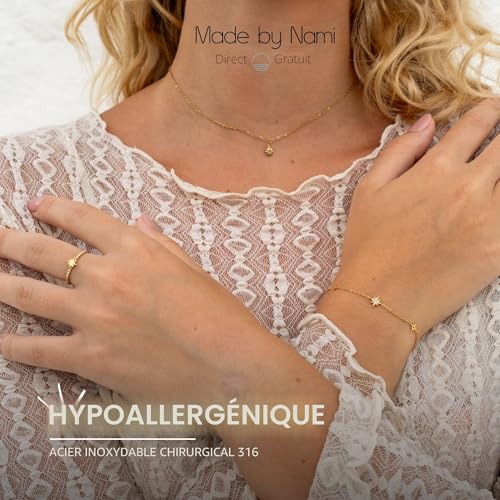 Detalle de Made by Nami Bracelet Femme Acier Inoxydable 316L Étoile Doré Réglable 16+3cm Hypoallergénique
