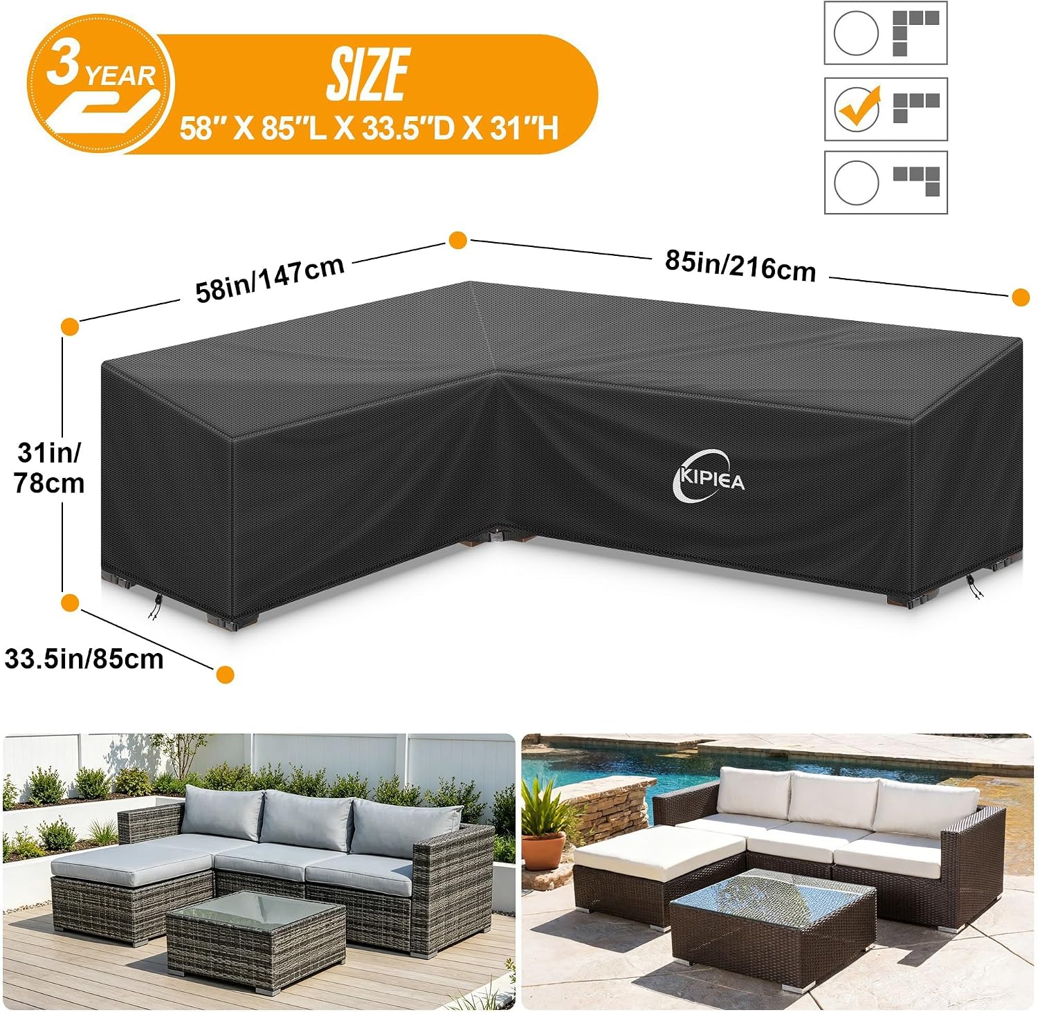 Detalle 2 de Kipiea 58" x 85" L-Shaped Patio Furniture Cover, 600D Waterproof Oxford