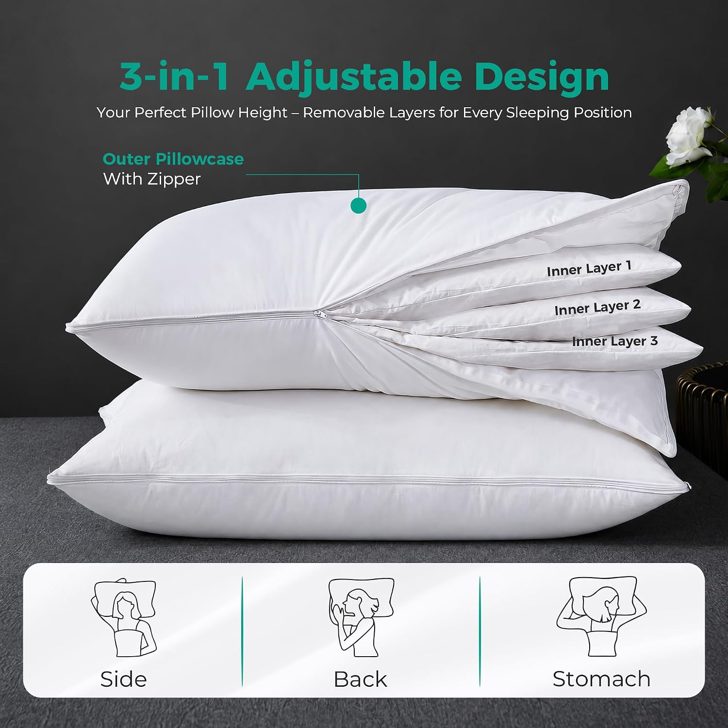 Detalle de Three Geese Adjustable Layer Goose Feather Pillow, 2-Pack with Cotton Cover