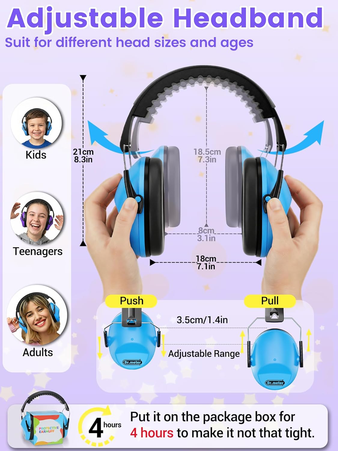 Thumbnail 3 de Dr.meter protezione dell’udito regolabile e confortevole per adulti e bambini (cuffie per cantieri, giardinaggio) – Taglia unica, blu/viola
