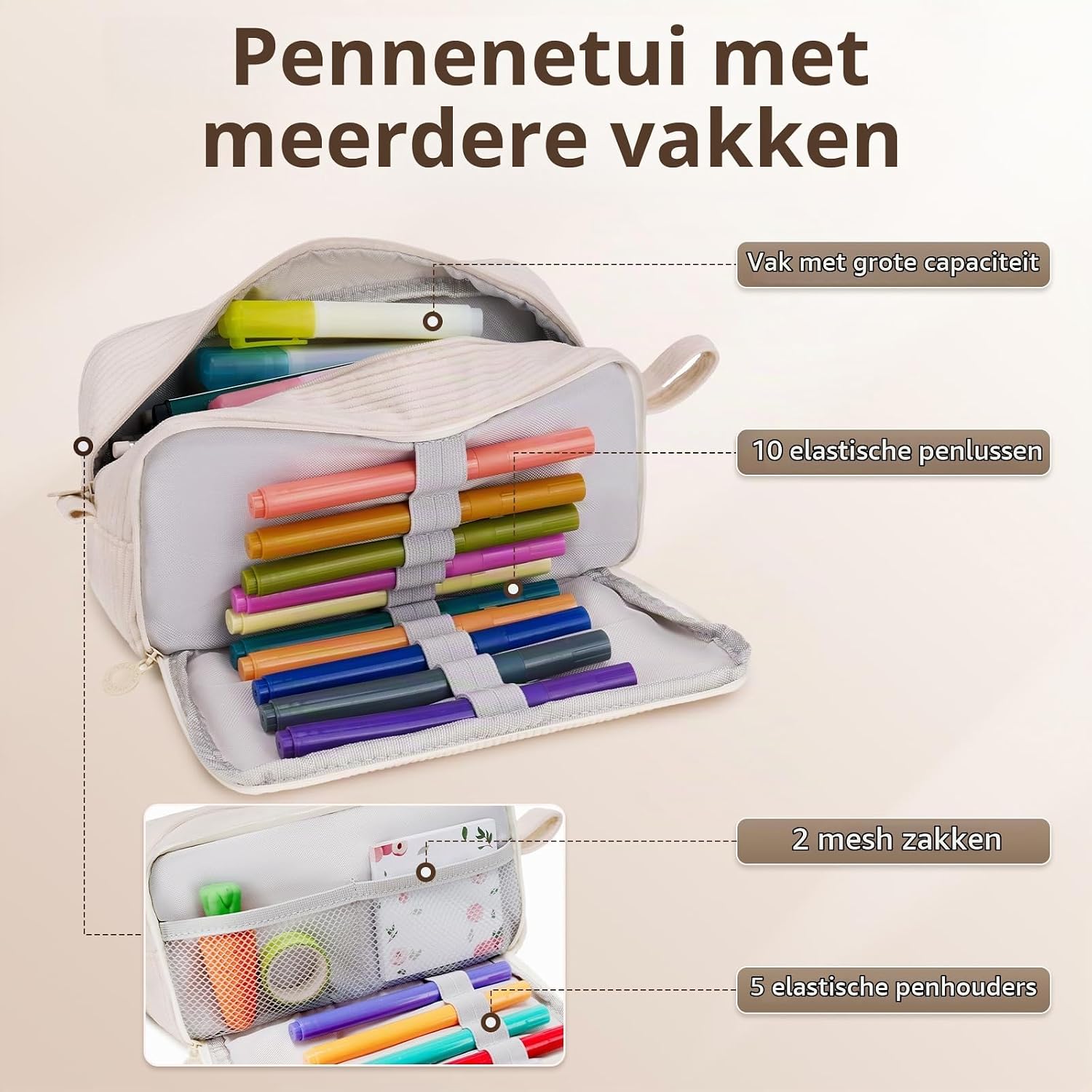 Detalle 1 de Byitin ST-BD-2 etui van ribfluweel met 3 vakken, beige