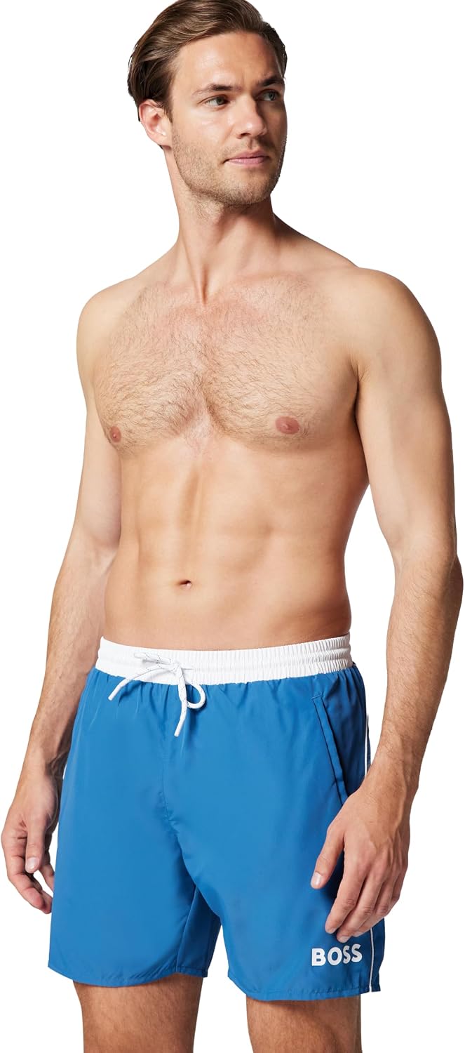 Detalle de BOSS Herren Badehose – Mittlere Länge, Solide Badehose aus recyceltem Polyester