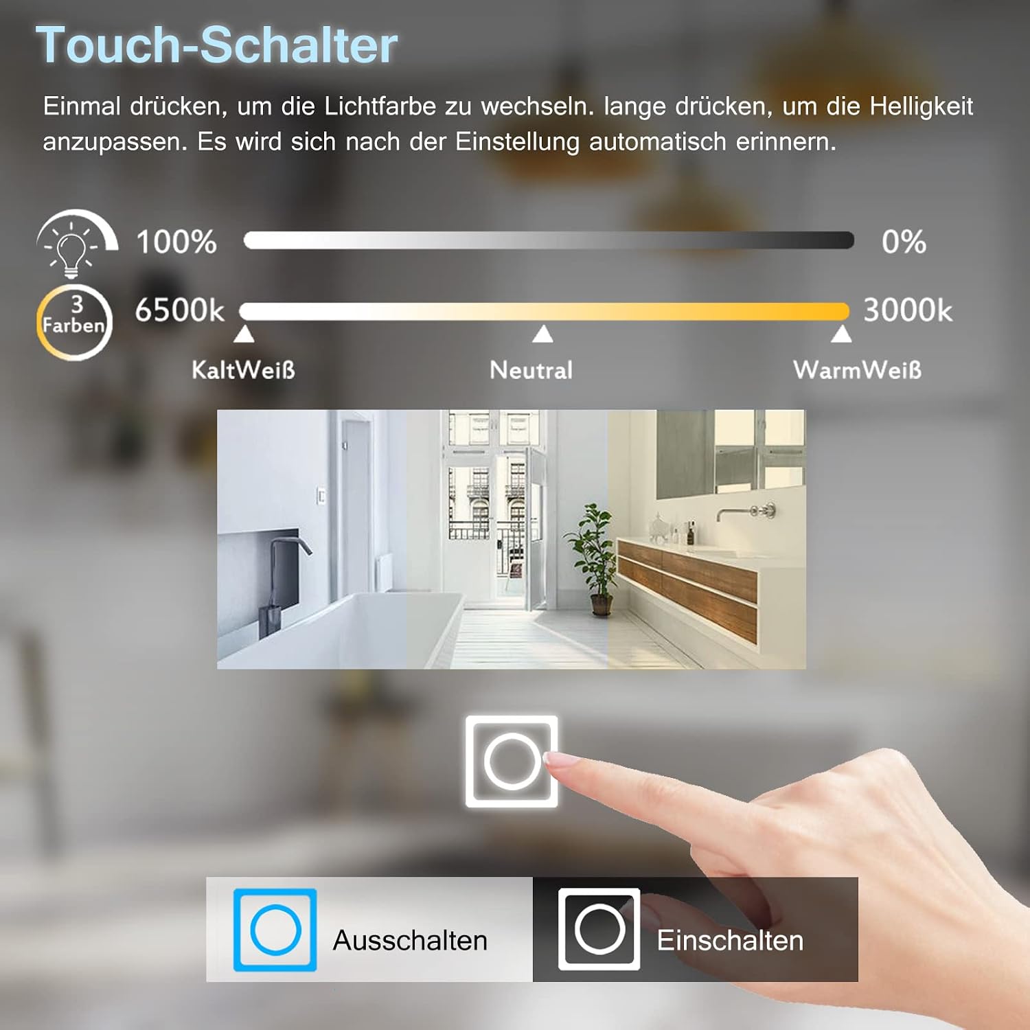 Detalle de MIQU Specchio da bagno LED 70x50 cm con touch, luce dimmerabile e antiappannamento