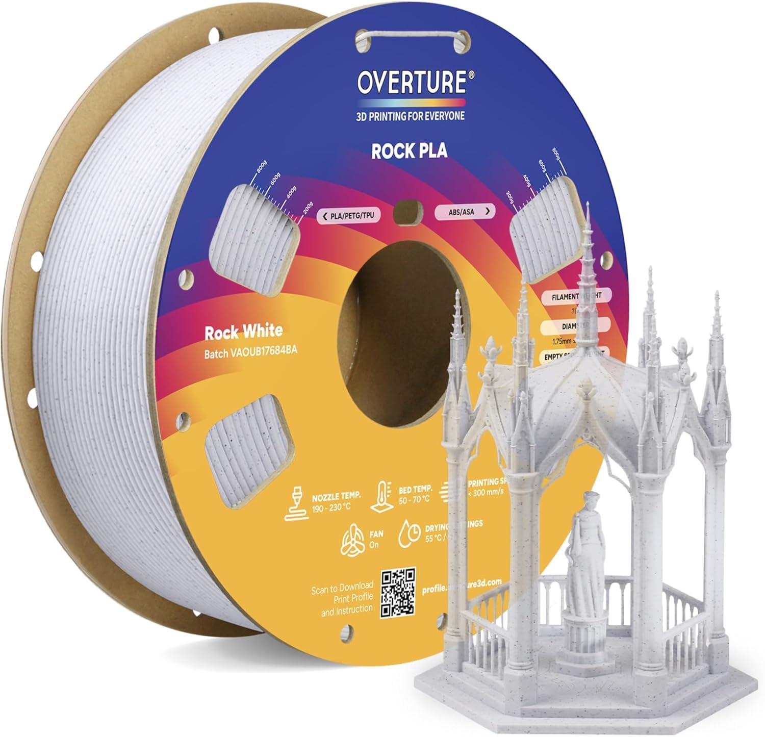 Detalle de OVERTURE Rock PLA Filament 1.75 mm – Marble Weiß, 1 kg, +/- 0,03 mm