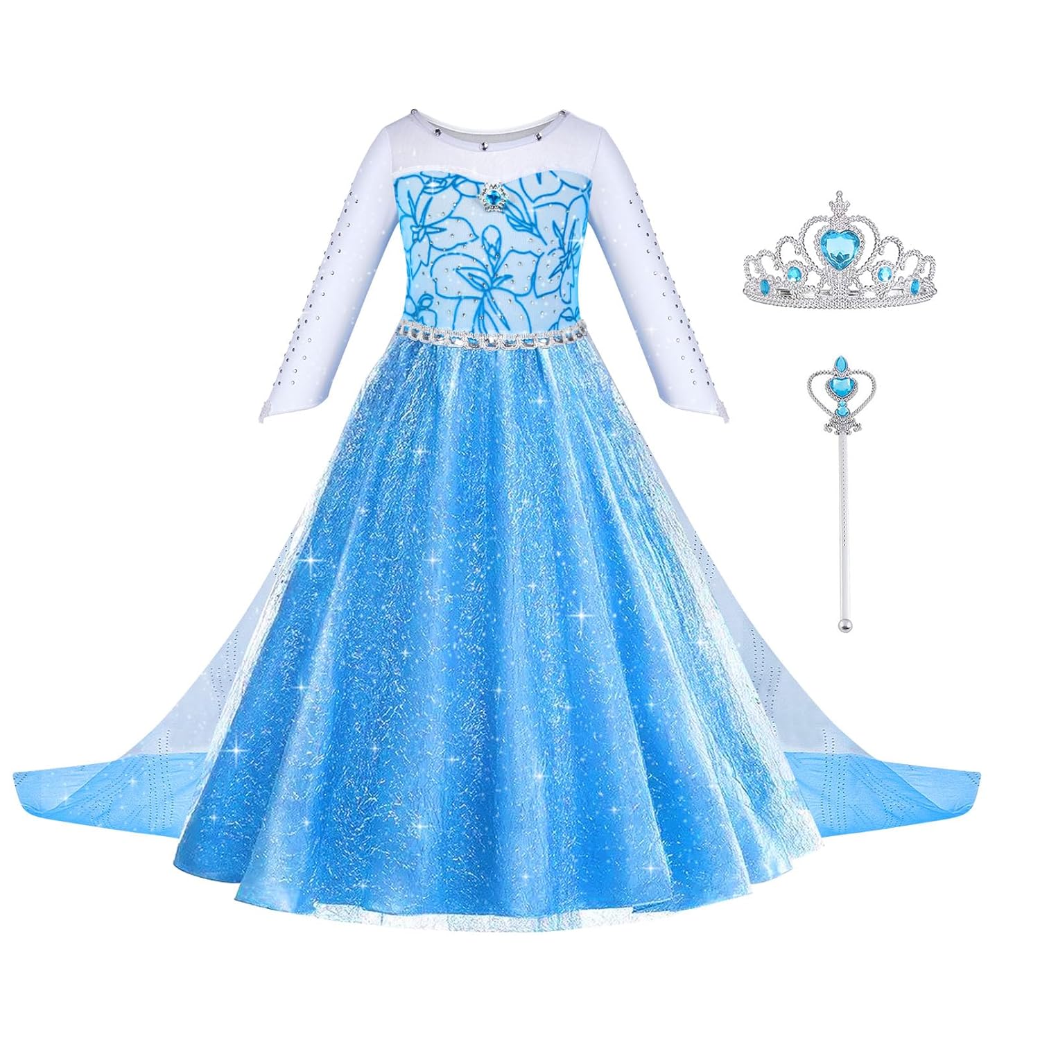 Detalle de ACWOO Prinzessin-Kostüm Mädchen-Set: Kleid, Krone und Zauberstab für Karneval, Halloween und Weihnachten