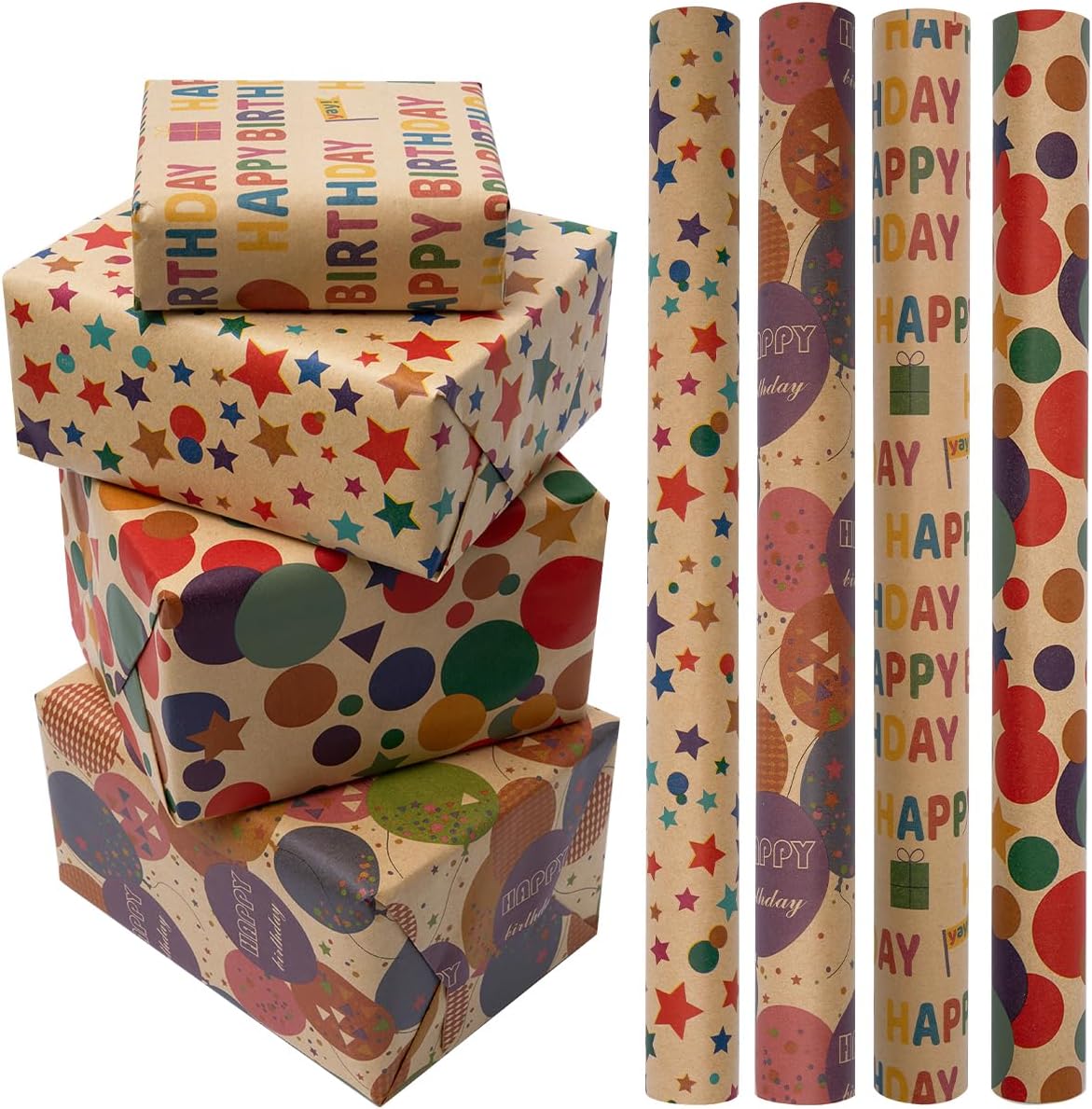 Thumbnail 6 de 3 Rolls Birthday Gift Wrapping Paper | Kraft, 43cm x 3m each, 3 designs (Dots, Star, HAPPY BIRTHDAY)