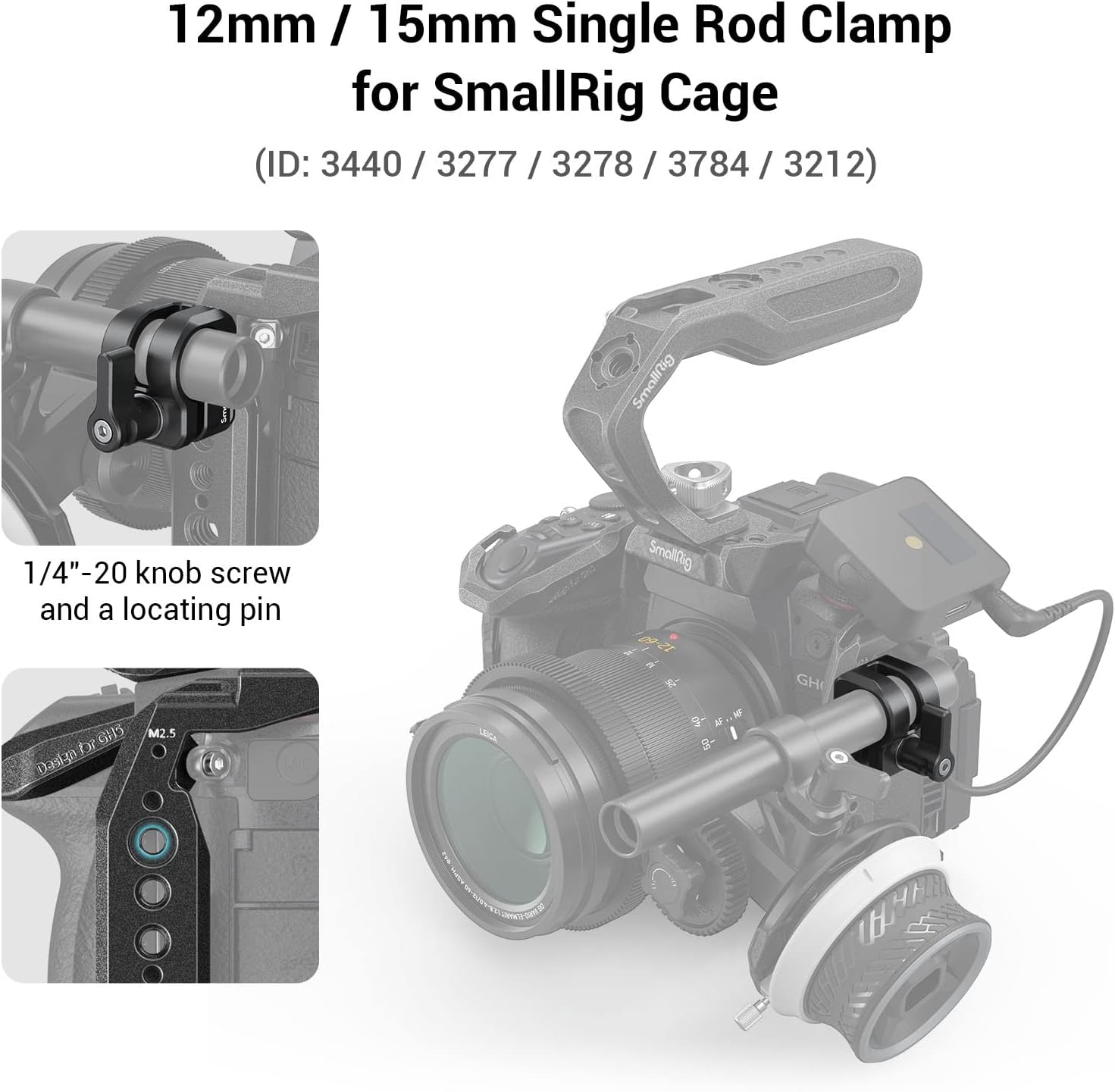 Detalle de SMALLRIG 3598 staafklem voor camerakooi, 12/15 mm met adapter