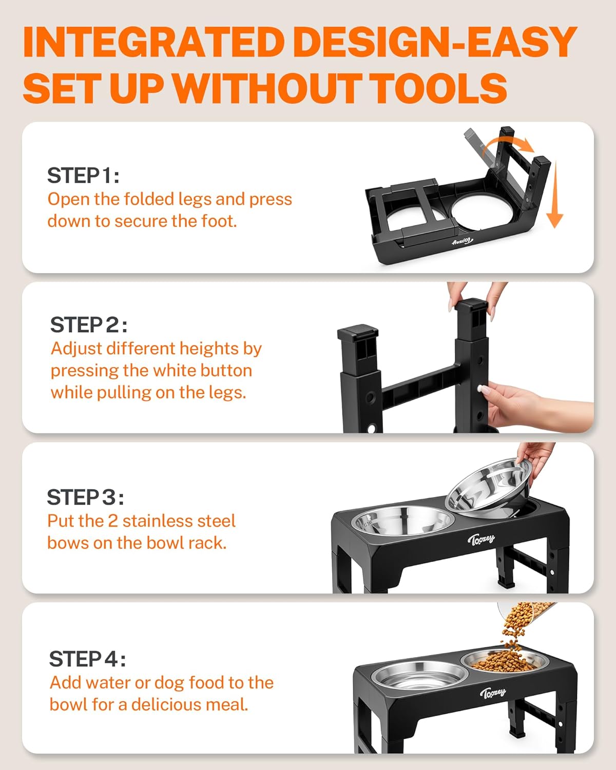 Thumbnail 4 de Toozey Height-Adjustable Raised Dog Bowls with 2x 1200ml Stainless Steel Bowls (Black)