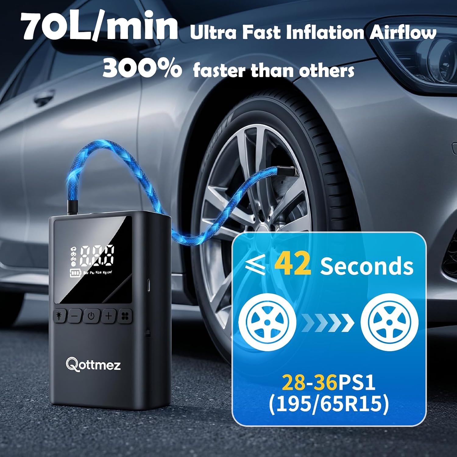 Thumbnail 1 de Upgraded 70L/min Car Tyre Inflator Air Compressor with 150 PSI Battery and LED Display