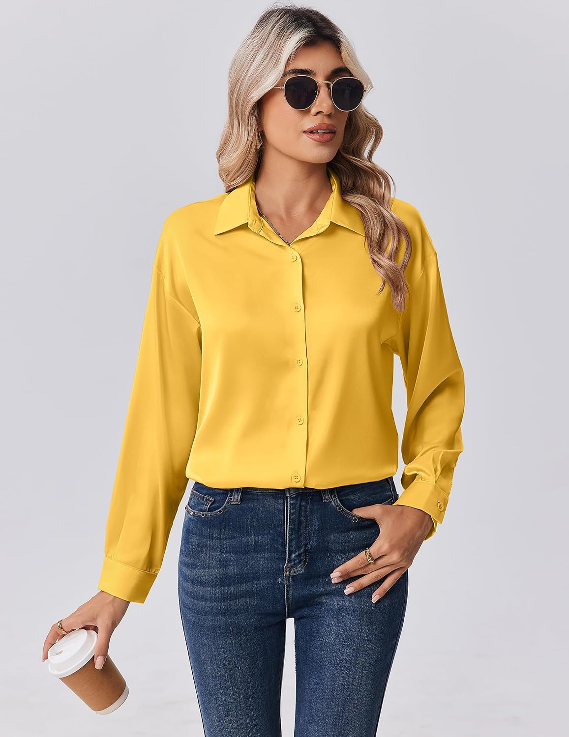 Detalle de Zeagoo Women's Long-Sleeve Satin Button-Down Blouse with Turn-Down Collar