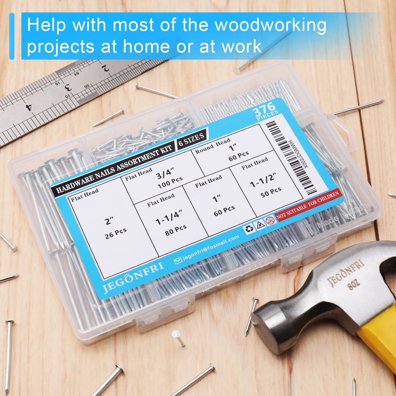 Thumbnail 1 de JEGONFRI AUB089FLMFPB Galvanized Nail Kit, 376 Pieces, Storage Case