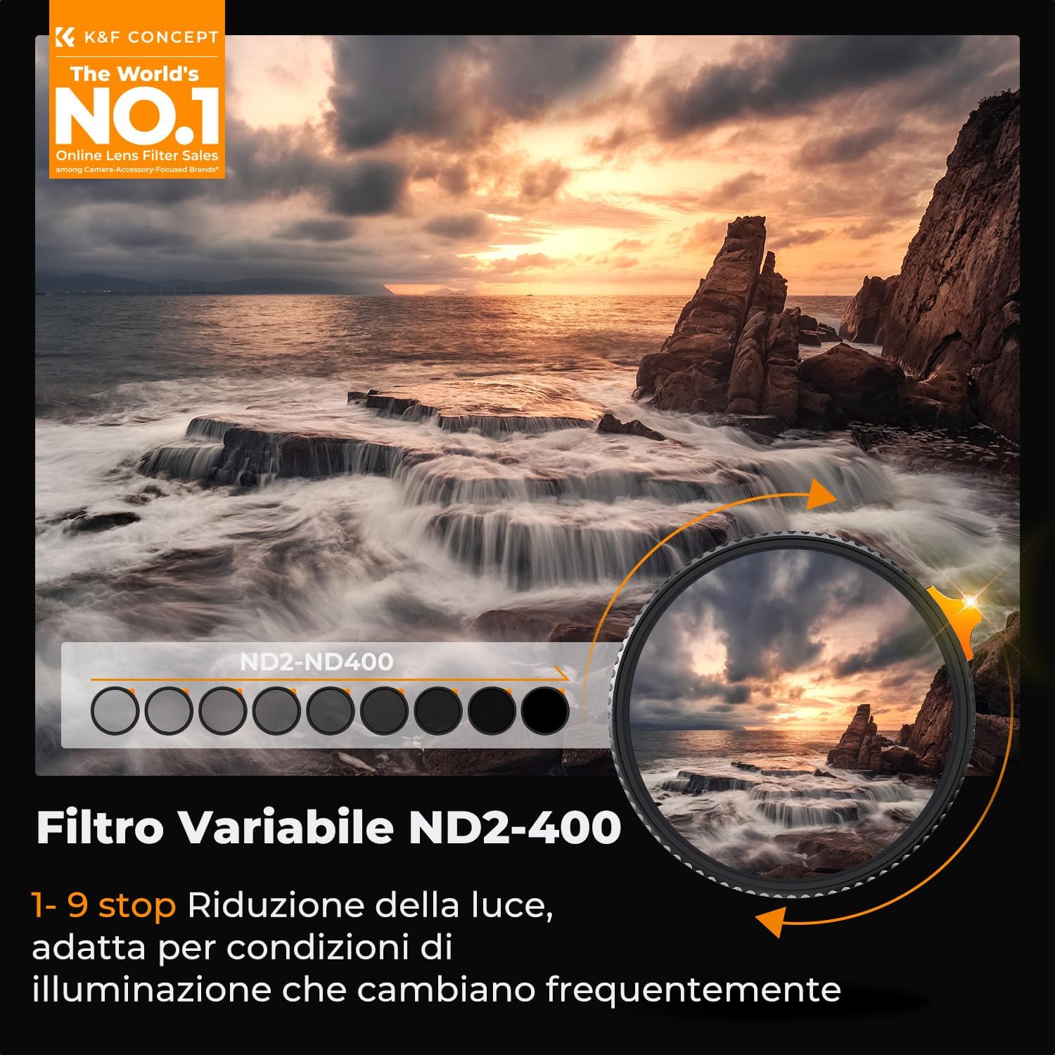Thumbnail 1 de K&F CONCEPT Nano-Xcel 62mm Filtro Variabile ND2-400 (1-9 stop) con rivestimento nano e custodia